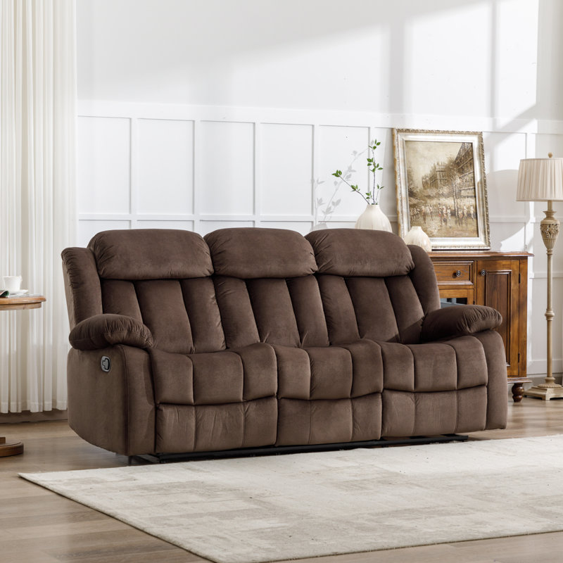 Oxier 84" W Manual Reclining Microsuede Sofa, Brown