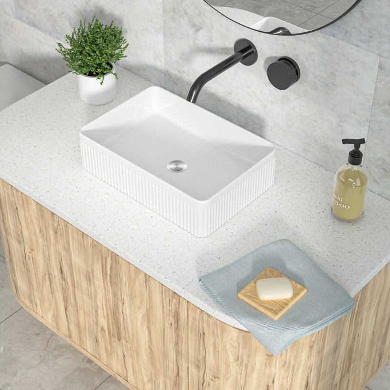 Lavabo vasque en céramique blanc 19 po x 13 po, lavabo de salle de bain rectangulaire moderne cannelé, lavabo en céramique sur comptoir à rayures verticales, facile à nettoyer