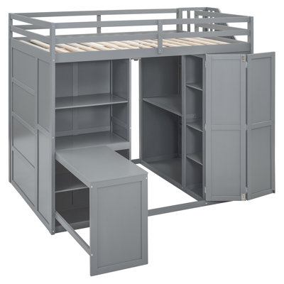 Lit superposé double avec garde-robe, bureau et tablettes