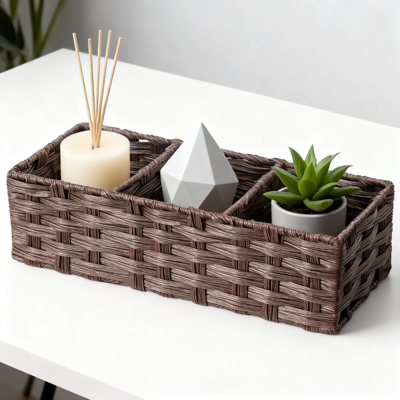 Hand Woven Plastic Wicker Storage Baskets With Dividers For Bathroom Organization, Rustic Farmhouse Decor Countertop Organizer For Toilet Paper And Essentials