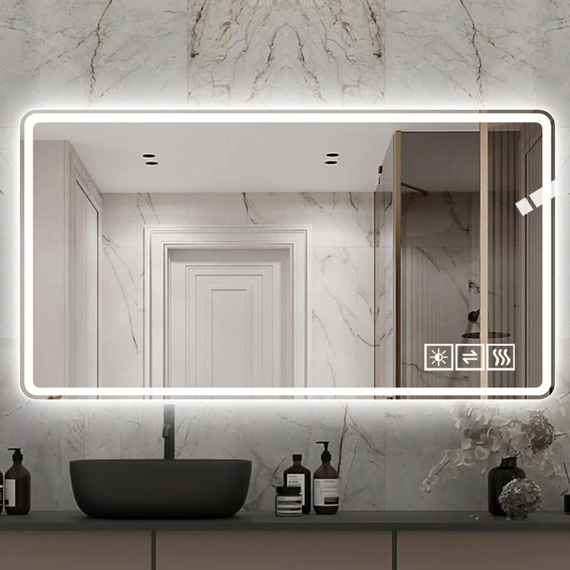 Miroir de salle de bain avec lumières à DEL et brouillard: 3 couleurs, à 5 niveaux d'intensité variable, à fixer au mur