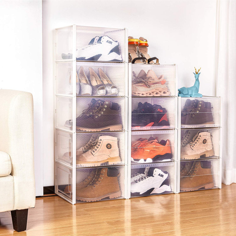 Set of 4 Stackable Clear Plastic Containers Foldable Transparent Shoes Storage Boxes Organizer in Home