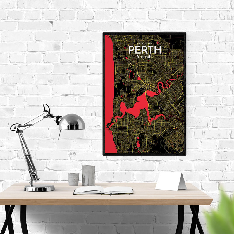 «Perth City Map», impression, H 36 po x l 24 po, Noir / rouge / jaune