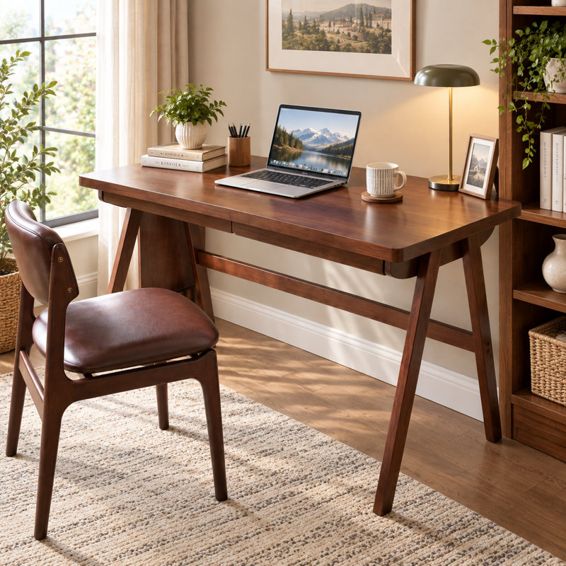 Ensemble de bureau en bois massif et chaise rembourrée en similicuir, bureau en noyer de 120 cm avec tiroir et chaise de salle à manger ergonomique sans accoudoirs, ensemble table et siège pour bureau à domicile