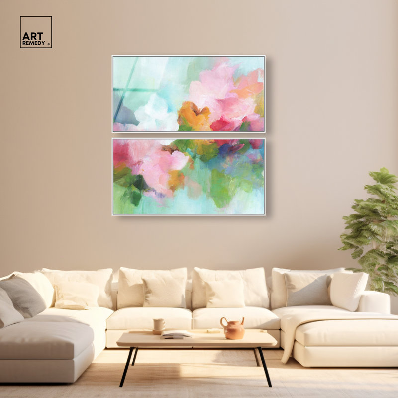 «Soft Garden - Ira Colmeva», grand imprimé 2 pièces encadré par Art Remedy, cadre blanc, 46 x 23, 24"H x 47"W, White Frame