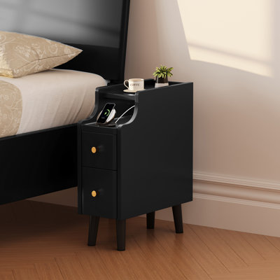 Table de chevet étroite avec tiroirs, table d'appoint en bois massif de 7,9 po pour petits espaces, petite table de chevet pour chambre à coucher avec plateau coulissant, noir