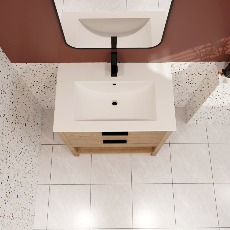 Meuble-lavabo simple 30,34 po avec comptoir en céramique Takirah, Chêne, Noir mat