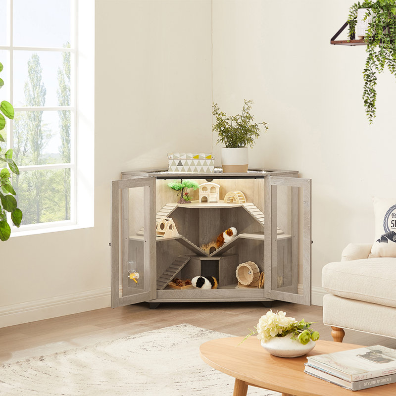Corner Small Animal Cage with Ramp and Hide House, 86.8cm H x 116cm W x 68.8cm D