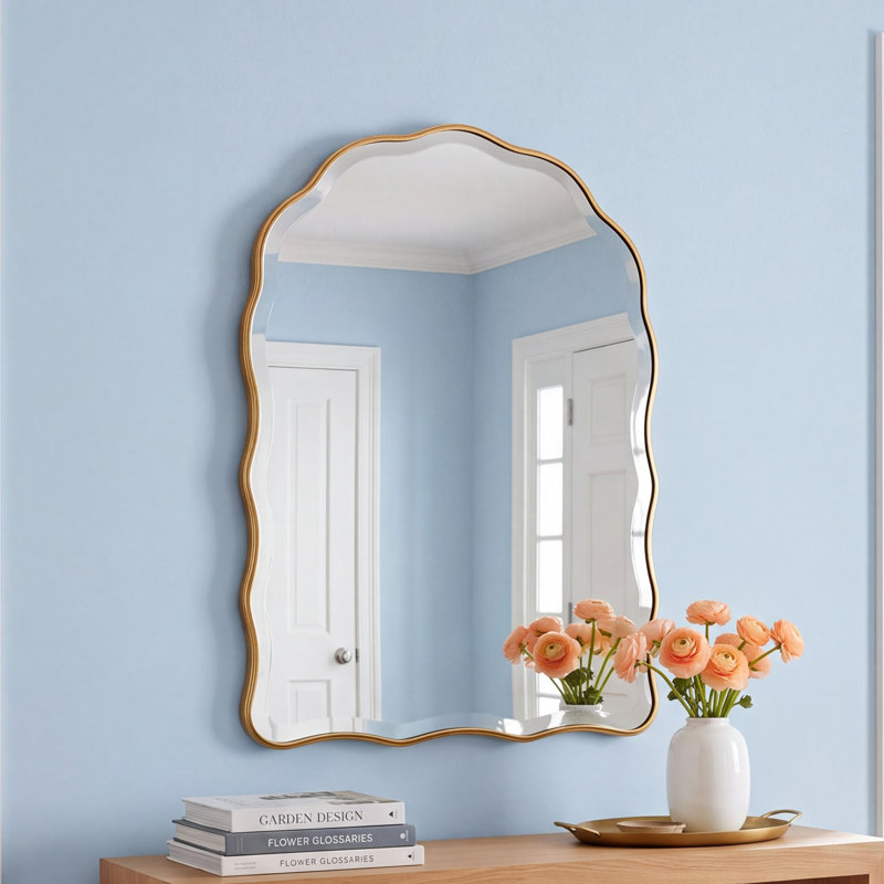 Katerina Arched Scalloped Beveled Wall Mirror, 36" H X 24" W, Gold, Scalloped