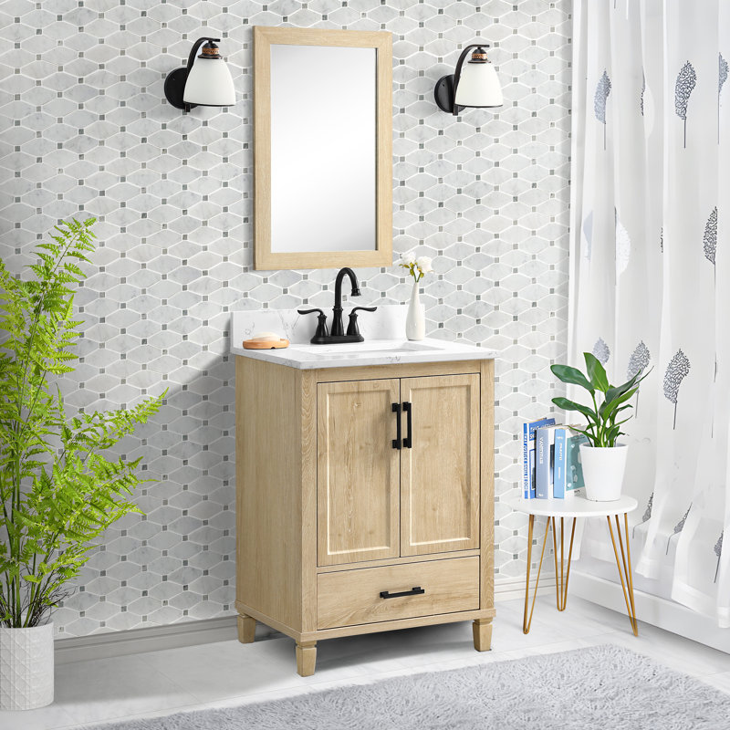 Meuble-lavabo simple 24 po avec comptoir en quartz blanc Carrara, évier et dosseret Hardin, pré-assemblé, 25"