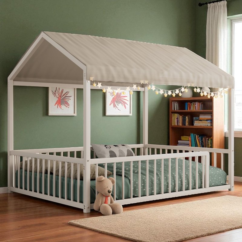 Metal Canopy Bed Floor House Bed With Fence, White, Full