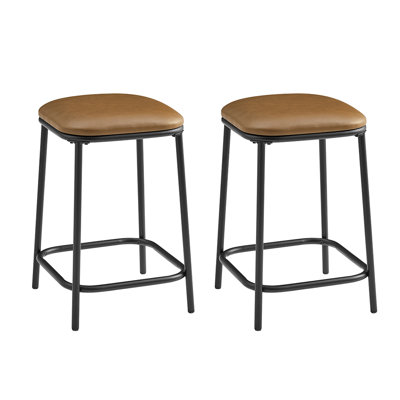 25" Set of 2 Modern Backless Square Upholstered Metal Stools, Black & Brown Vegan Leather