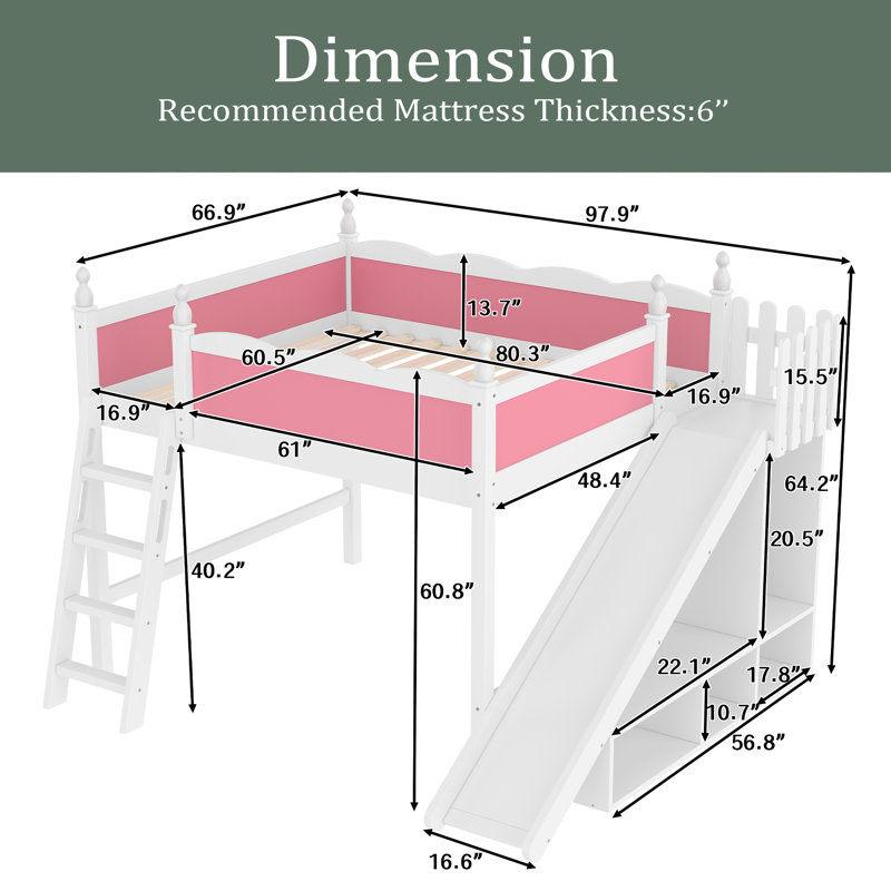 Grand lit mezzanine avec tablettes et armoire de rangement, lits mezzanine en bois massif avec glissières amovibles et échelles, aucune boîte à ressorts nécessaire