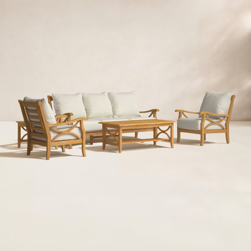 Brunswick 5 Piece Teak Sofa Seating Group with Cushions, Brown, Tan Performance Basketweave
