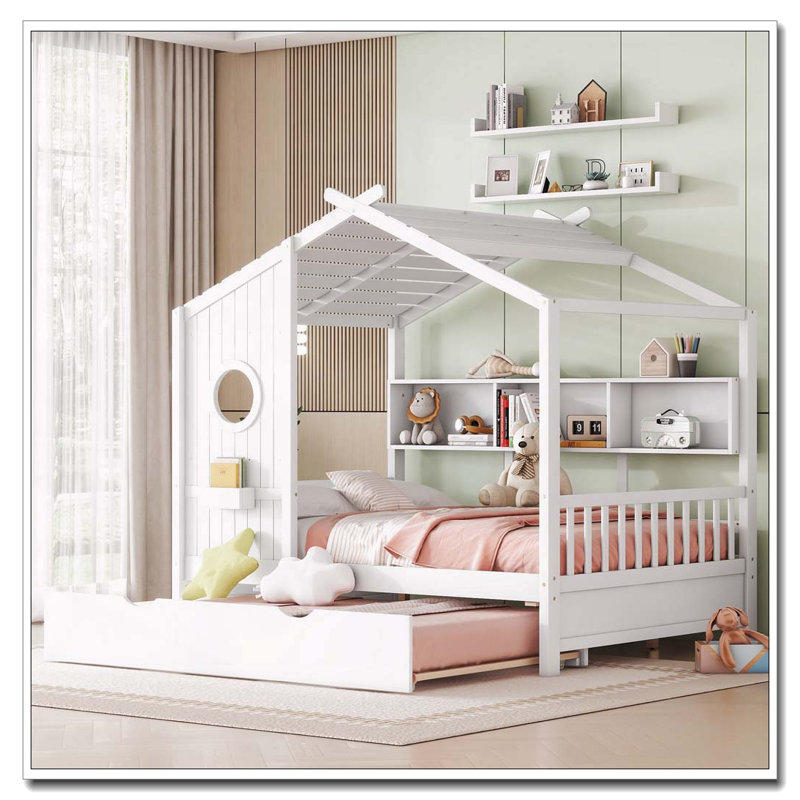 Lit double en bois avec lit gigogne, Blanc
