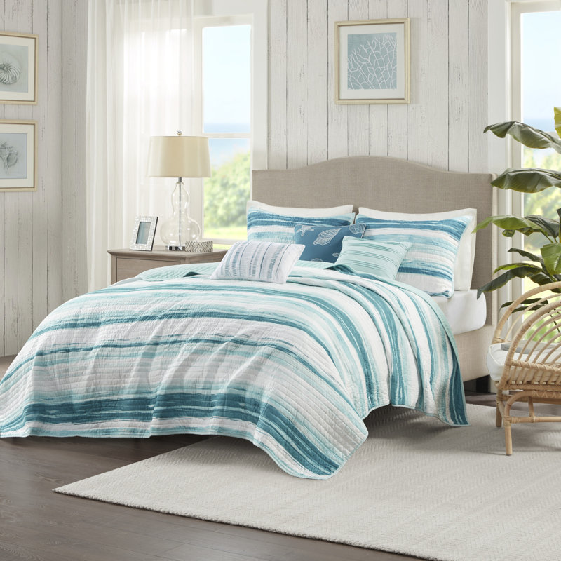 Ensemble de courtepointe 6 pièces avec coussins décoratifs Marina Aqua, Couvre-lit double / grand + 5 pièces supplémenta