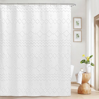 White Shower Curtain, Boho Woven Tufted Geometric Fabric Shower Curtain For Bathroom Modern Textured Waterproof Farmhouse Cloth Shower Curtains, 72 X 72 Inches