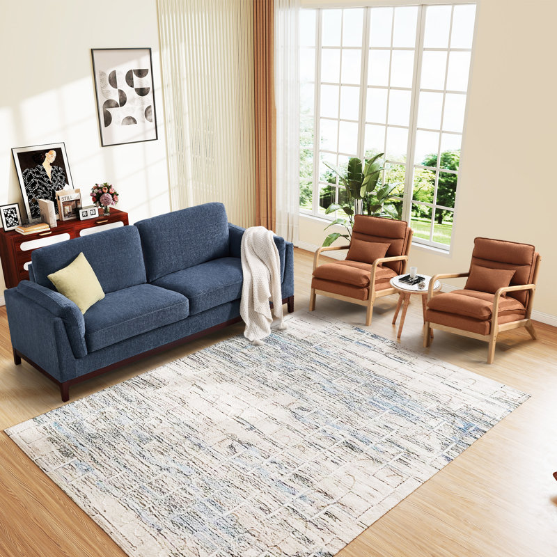 Ensemble de salon 3 pièces avec canapé rembourré moderne en lin de 79,1 po et coussin lombaire, Bleu/brun