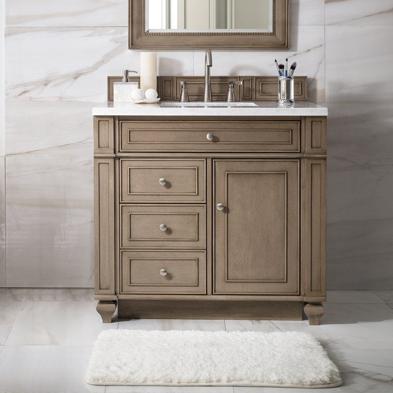 Bristol 36'' W Single Vanity, Whitewashed Walnut, White Zeus, 8" Widespread