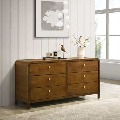 6-Drawer Wood Dresser with Solid Rubberwood Frame, Walnut Finish