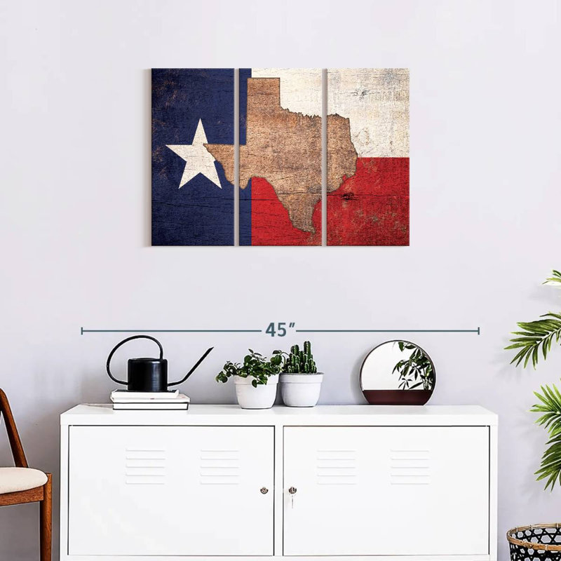 Carte d'État sur le drapeau du Texas, 3 pièces, H 20 po x l 33 po x P 1,25 po
