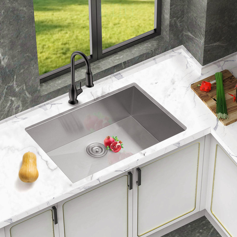 Évier de cuisine encastrable en acier inoxydable de 28 pouces de calibre 16 avec cuve simple de 9 pouces de profondeur et bonde pour une installation facile