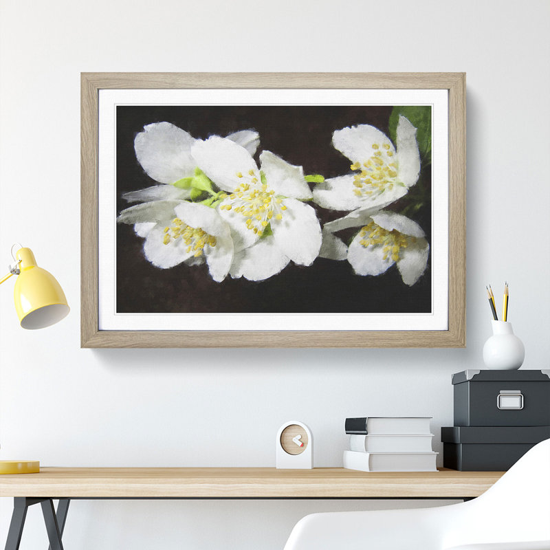 White Jasmine Flowers Painting - Picture Frame Painting Print, Oak, 33cm H x 45cm W x 2cm D