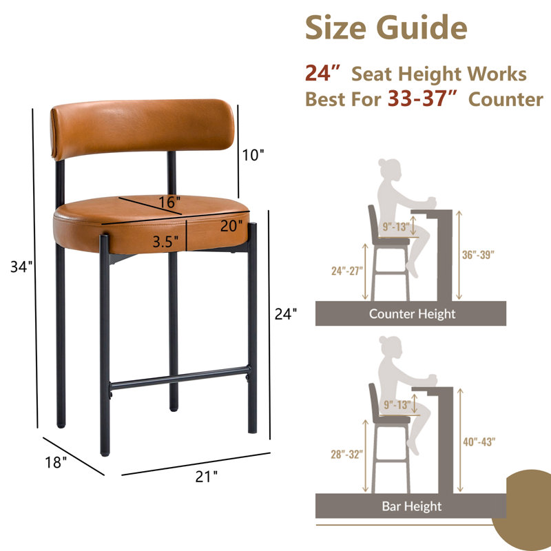 Whisky Brown Faux Leather 24'' Counter Stools with Metal Frame