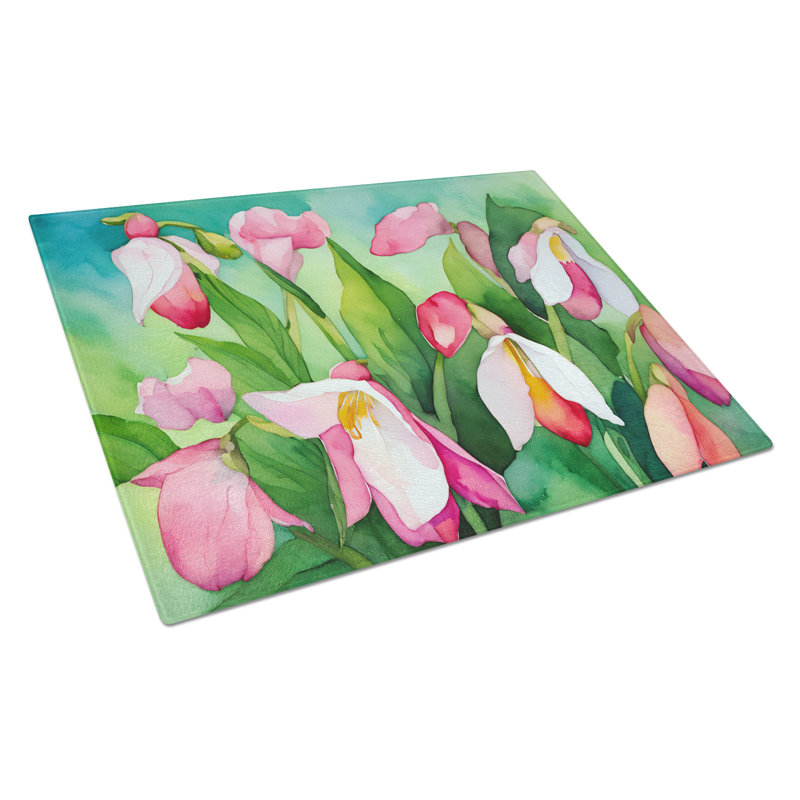 Minnesota Pink and White Lady�s Slippers in Watercolor Glass Cutting Board Large