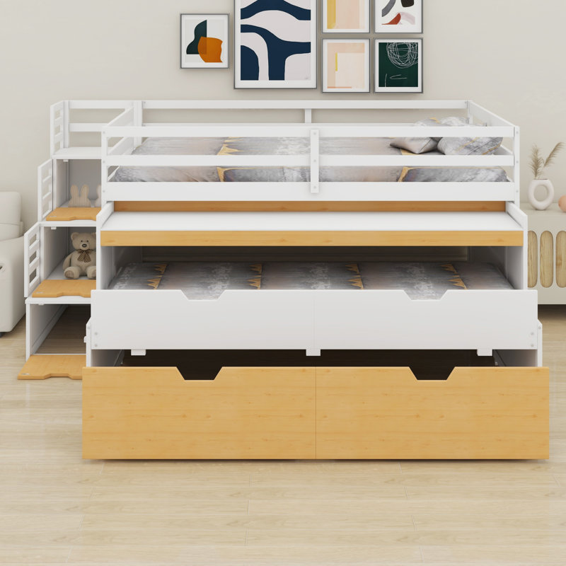 Lit mezzanine avec rangement et bureau coulissant, lit gigogne et tiroirs de rangement, Double XL, Blanc + couleur bois