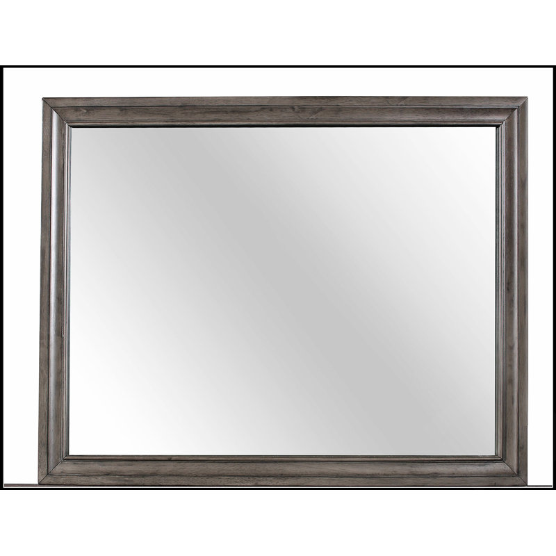 Miroir mural gris Ryder avec verre biseauté et bordure en bois, parfait pour rehausser la lumière et l'espace dans n'importe quelle pièce.