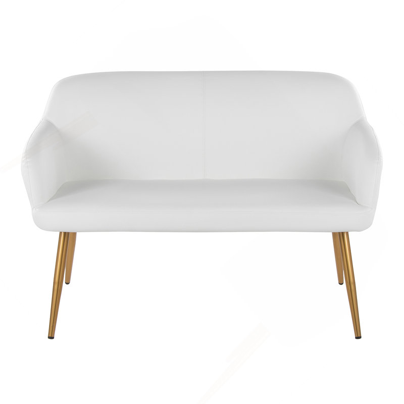 High Back Bench In Gold Steel And White Faux Leather, Gold, White