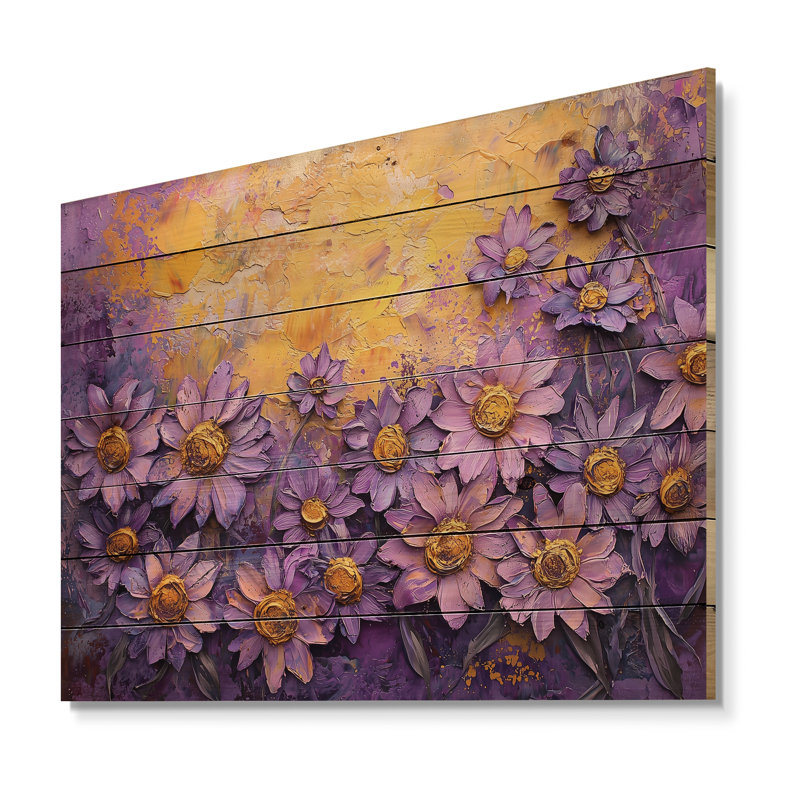 Mauve marguerite mauve paysage de marguerites sur bois de pin naturel, H 24 po x l 32 po x P 0,78 po