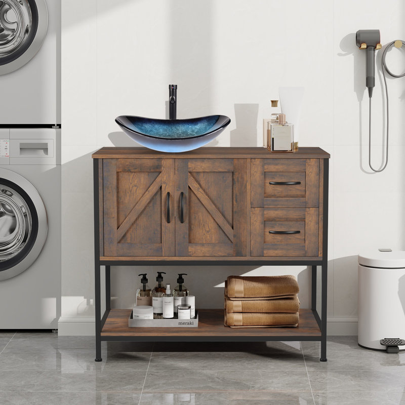 36'' Free-Standing Farmhouse Single Bathroom Vanity With Sink, Black, Blue