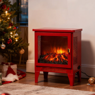 18 - Inch Freestanding Electric Fireplace In Classic Red, 3D Flame Visual, Double Protection, 1400W/700W Heat Output, 5000 'S, 50000 Hours Led, Three Sided Panoramic, Removable Base, Simple Buttons
