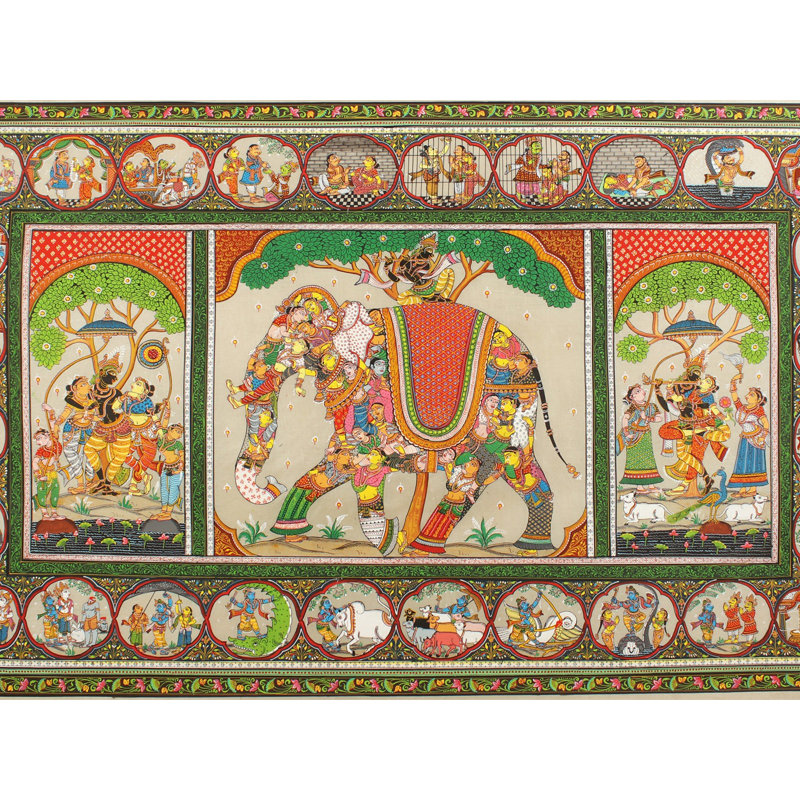 «Lord Krishna on Elephant Patachitra», peinture sur soie Tussar
