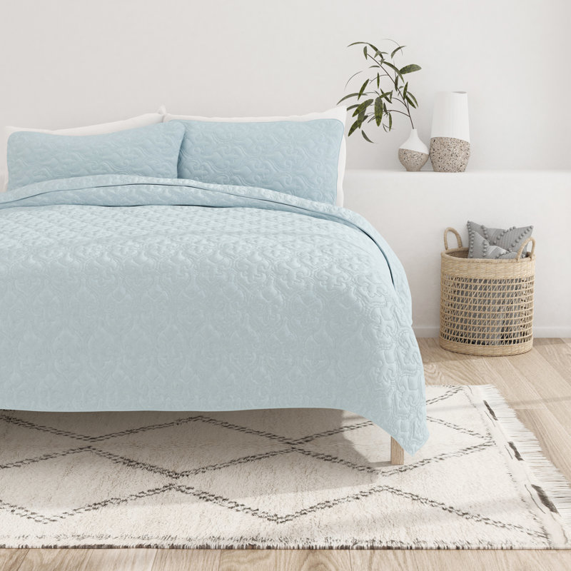 All Season Lightweight Soft Damask Quilt Set by Simply Soft, Pale Blue, King/Cal. King Coverlet + 2 King/Cal. King Shams