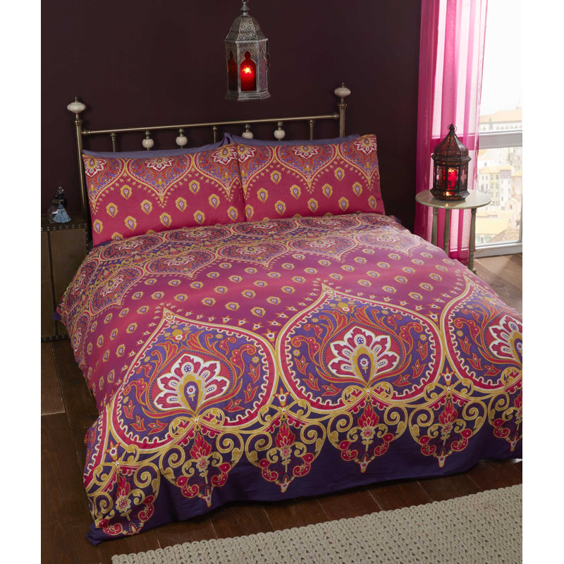 Comerfo Polyester/Cotton Damask Duvet Cover with Pillowcases, Ruby, Double Duvet Cover + 2 Standard Pillowcases