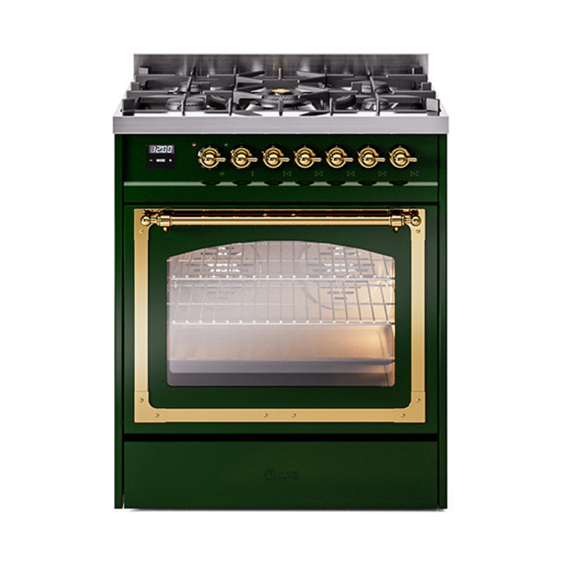 ILVE Nostalgie II Noblesse 30 in Dual Fuel Range, Emerald Green/Brass, Natural Gas
