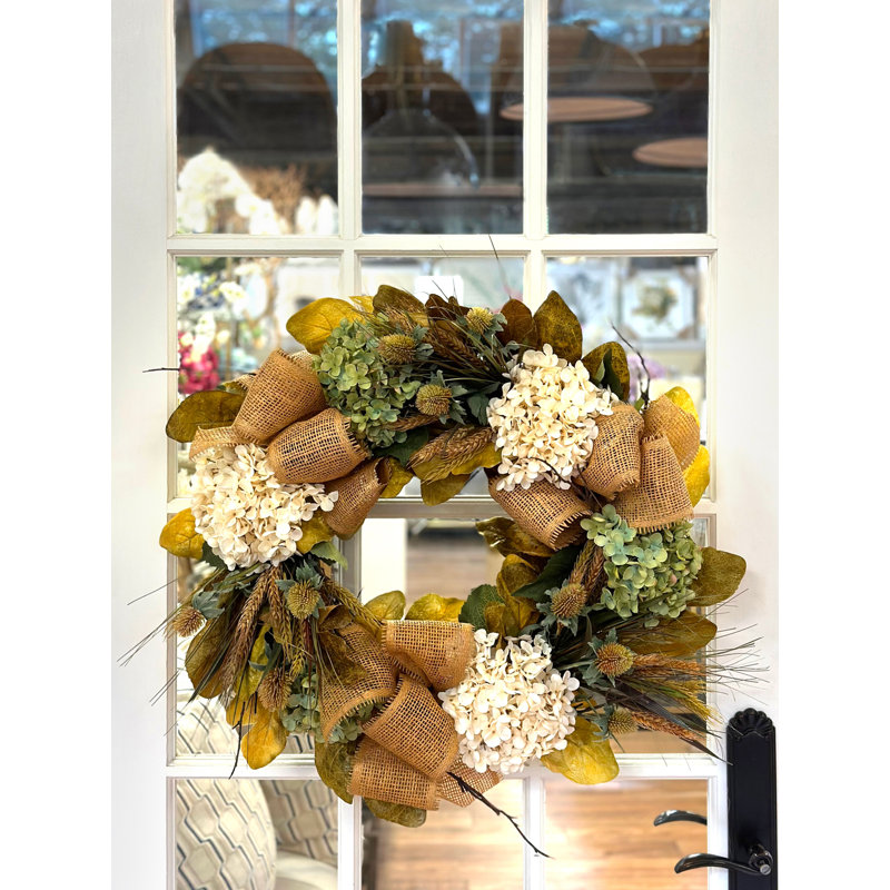 28" Hydrangea, Thistle And Wheat Fall Wreath With Burlap Bows