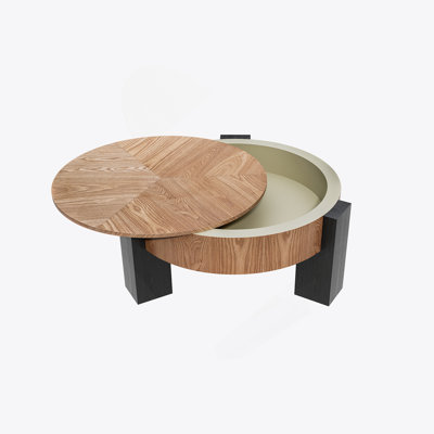 33'' Round Coffee Table With Hidden Storage, Modern Wabi-Sabi Wood Parquet Veneer Top Table, 3 Block Legs Sturdy Center Accent Table For Living Room,  Small Space, Natural Wood & Black