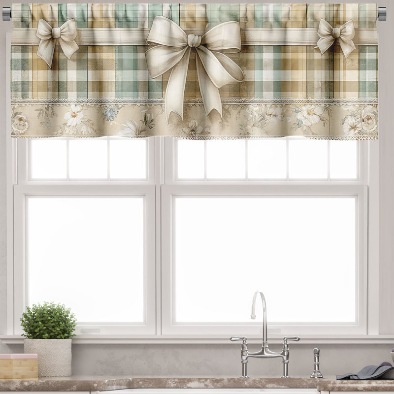 Almond Green Eggshell Plaid Satin Rod Pocket Valance