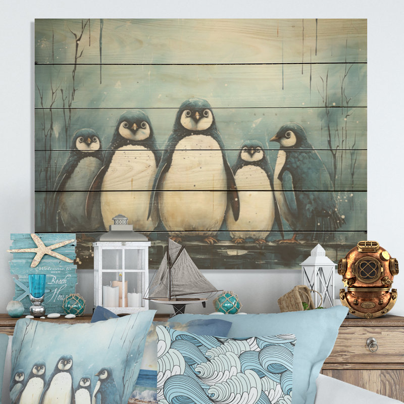 Minimalims Penguins Parade - Art mural en bois de pingouin sur bois de pin naturel, H 10 po x l 20 po