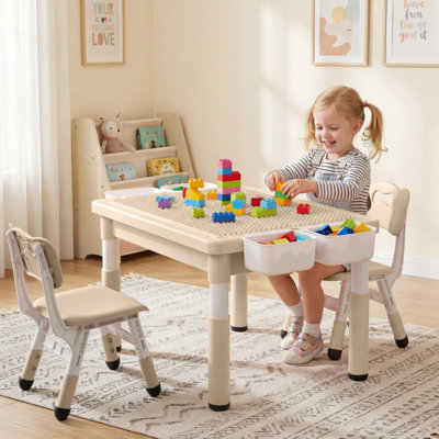 Kids Table & 2 Chairs Set, Height Adjustable Children Activity Table w/Storage, Graffiti & Building Blocks Tabletop, Toddler Furniture Set for Classroom, Daycare, Home