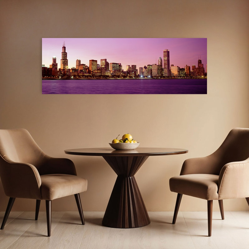 Horizon au coucher du soleil, Chicago, Illinois, art contemporain abstrait coloré de la ville, H 16 po x l 48 po