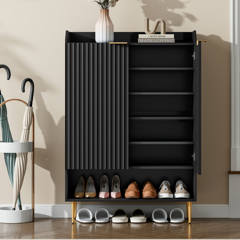 Modern Fluted 25 Pair Shoe Cabinet With Adjustable Shelves & Open Top, Black