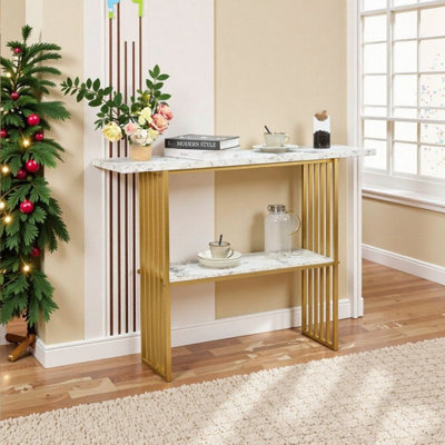 Double-Tier Faux Marble Console Table With Metal Frame And Storage Shelves