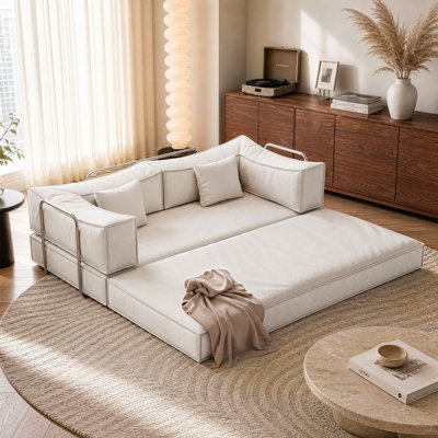 78.7" Large 5 In 1 Sofa Bed Convertible, No Tools Assembly Sleeper Sofa, Modern Frameless Boneless Couch, Washable Corduroy Couch, Oversized For Small Space, 2 Pillows Included, Beige