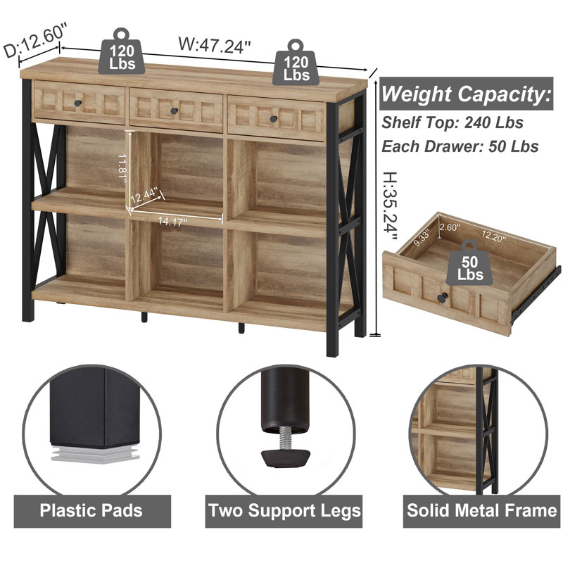 Organisateur de rangement 6 cubes avec 3 tiroirs, bibliothèque horizontale industrielle, bibliothèque en bois et métal Guinna