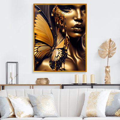 Jolie femme avec des papillons dorés III - cadre flottant, impression sur toile